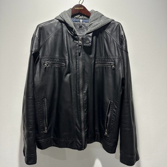 Men's Calvin Klein Black PU Leather Hooded Heavy Thick Motorcycle Style Jacket